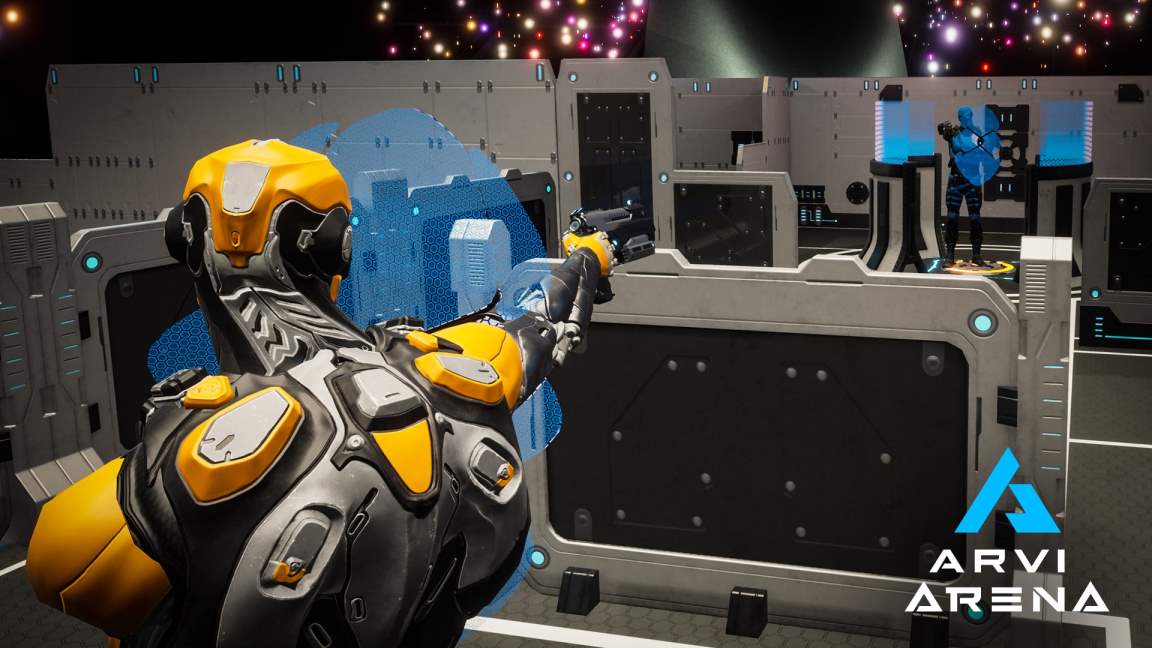 Yellow robot shooting at blue team