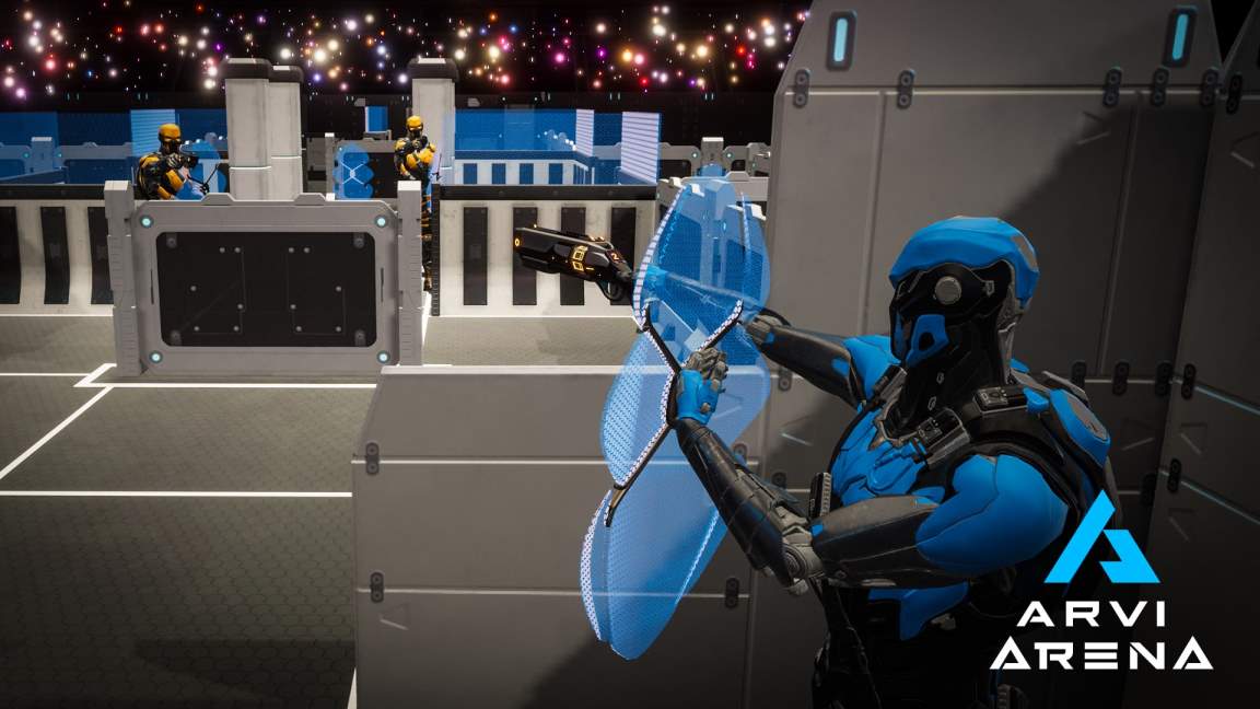 Blue robot shooting at yellow team