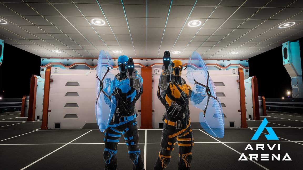 Blue and Yellow robot shooting