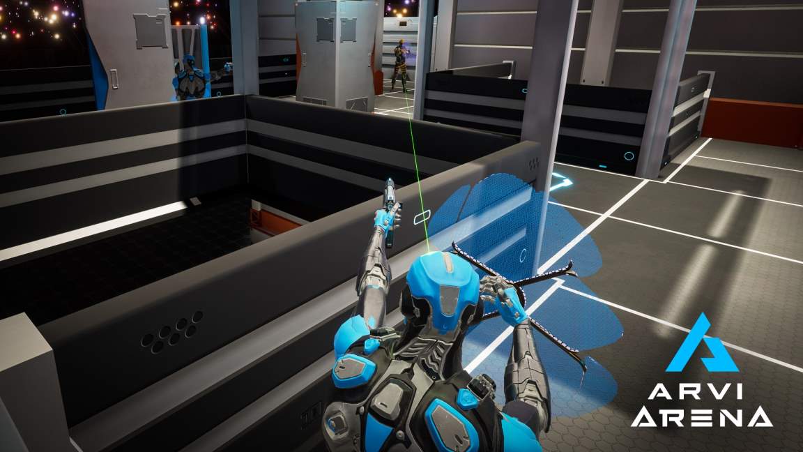 Blue robot hiding while shooting
