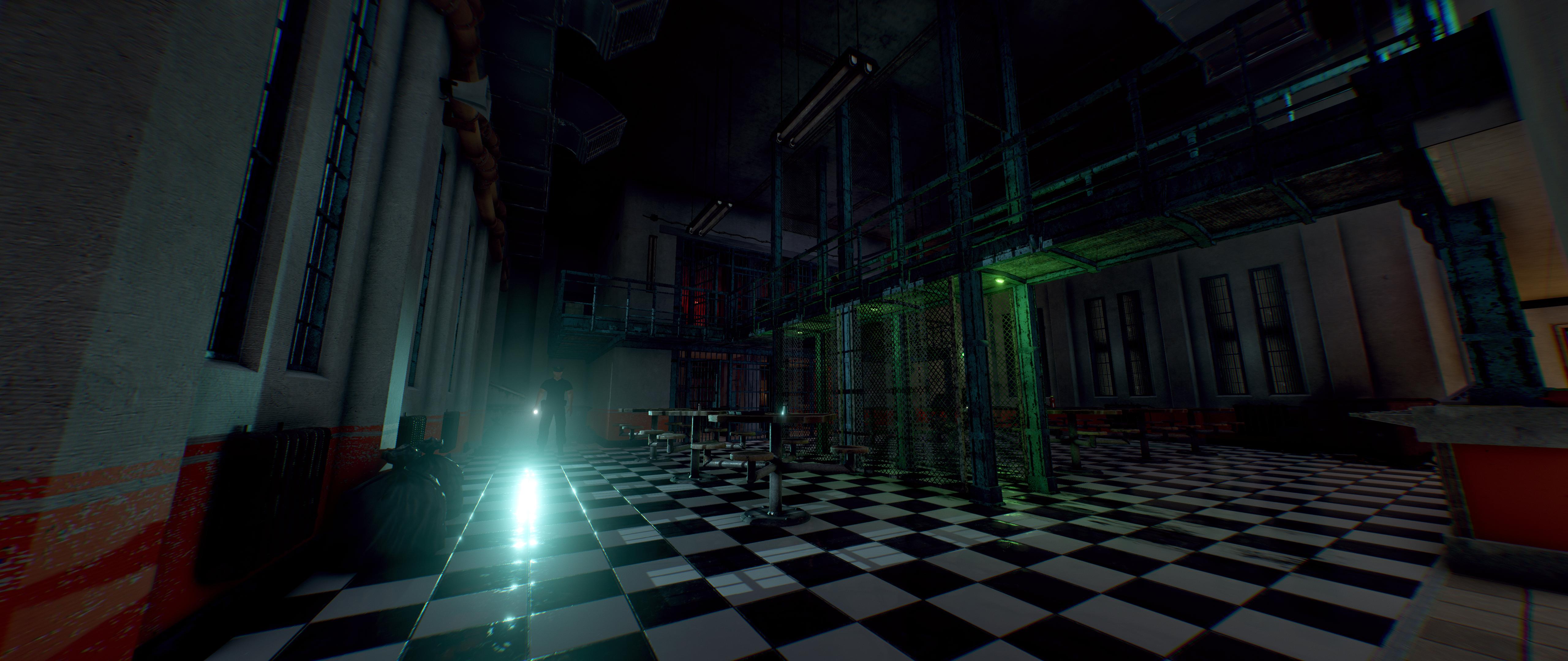 Prison cafeteria at night