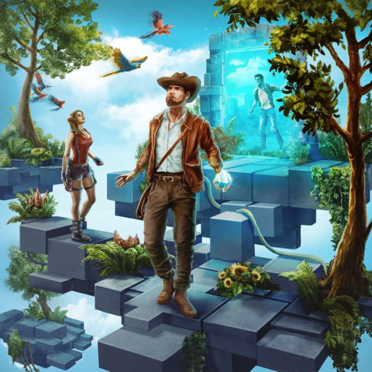 Man walking on floating platforms