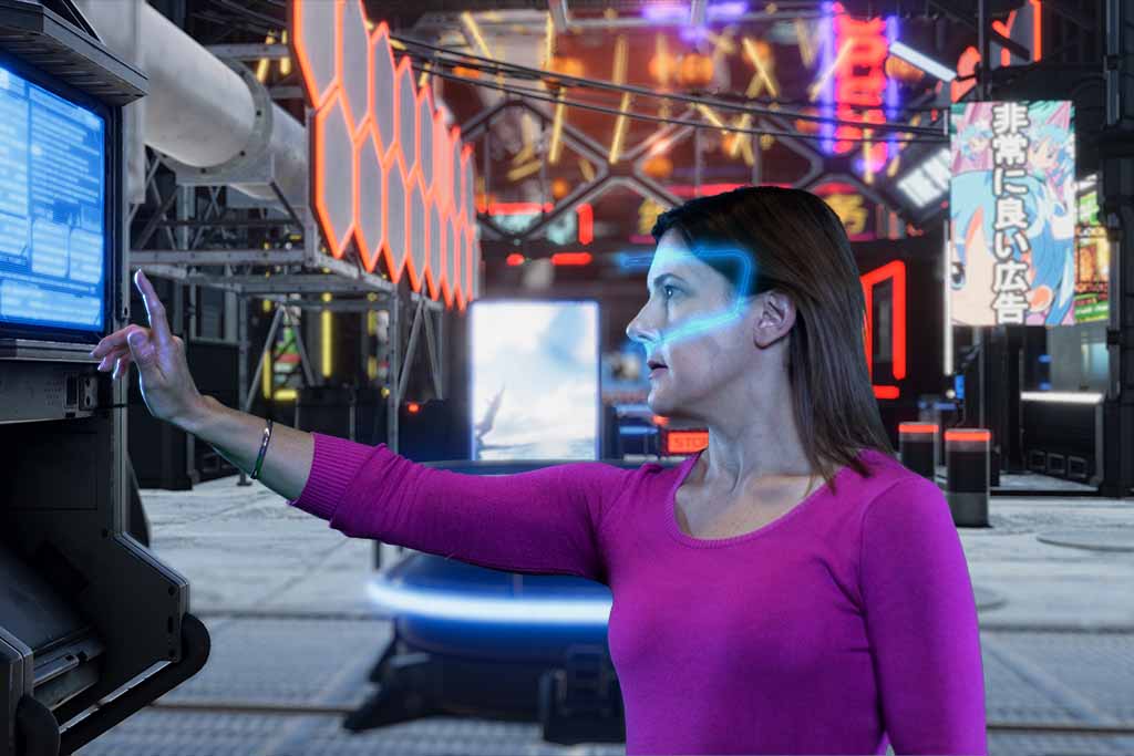 woman in VR pressing a button