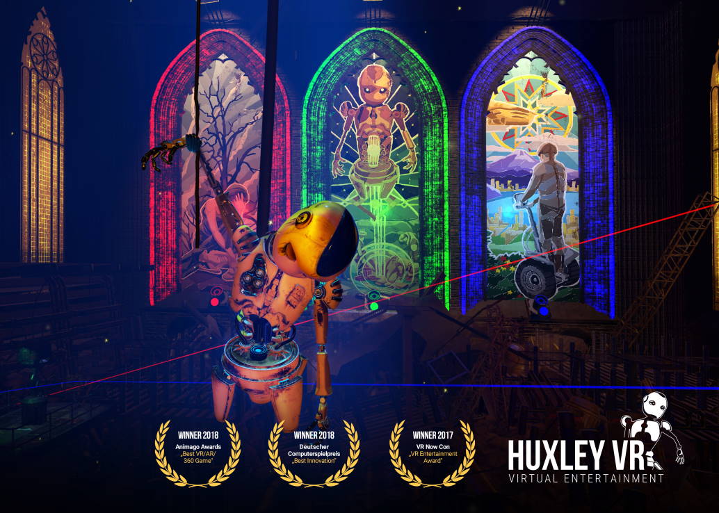chained robot hanging in front of stained glass windows in steampunk cathedral