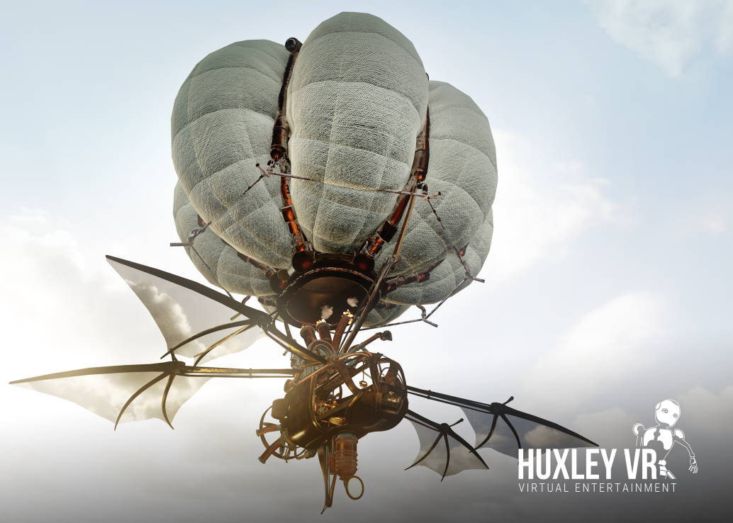 steampunk airship floating in cloudy sky