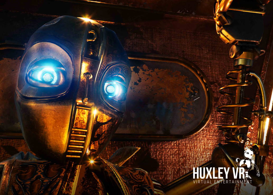 golden robot with glowing eyes with a steampunk background